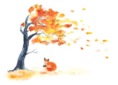 Suluboya sonbahar ağaç yaprakları sarı ve turuncu ve beyaz kırmızı tüylü şirin Fox'ta.