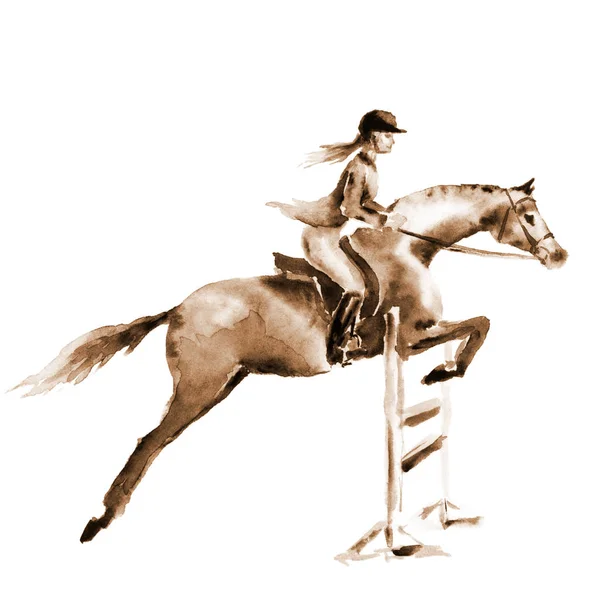 Sepia fille cavalier aquarelle et cheval, sauter un obstacle sur blanc . — Photo