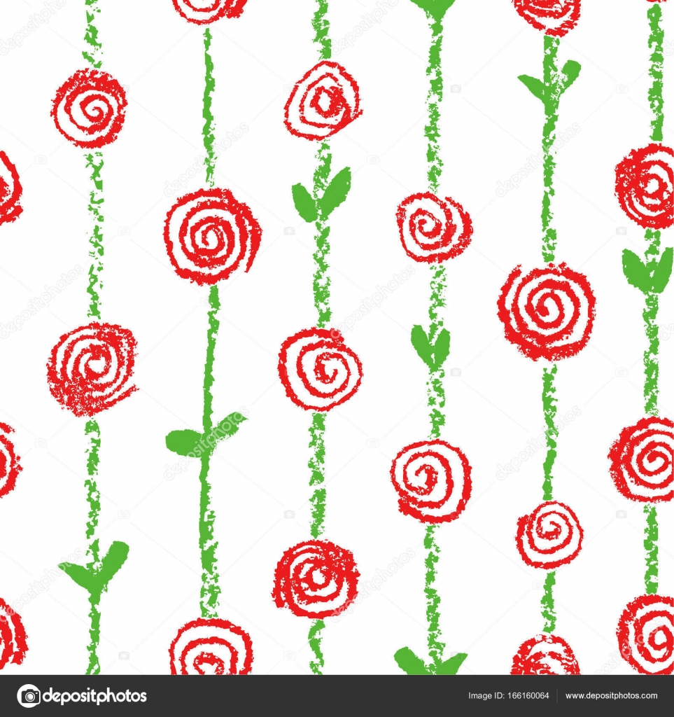 Pastello di cera e reticolo senza giunte di colore rosso disegnato di bambino con i fiori
