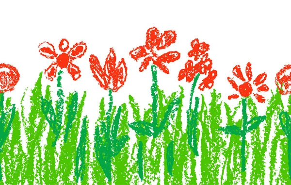 ワックス クレヨンは 白で隔離描かれた緑の芝生を手します シームレスな子供の描かれた背景バナー ストックベクター C Larisa Zorina