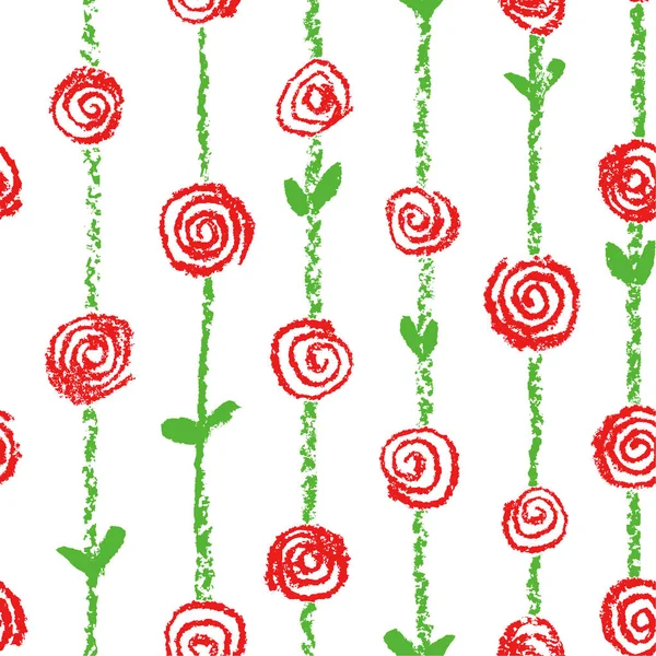 Wax krita som barnens ritade röd färg sömlösa mönster med rosor blommor och stroke ränder. — Stock vektor