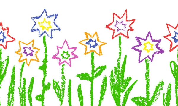Crayón de cera como la mano del niño dibujado flores coloridas estrella con hierba verde . — Archivo Imágenes Vectoriales