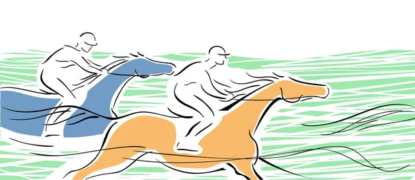 Carrera de caballos con dos caballos y jinetes en blanco . — Vector de stock