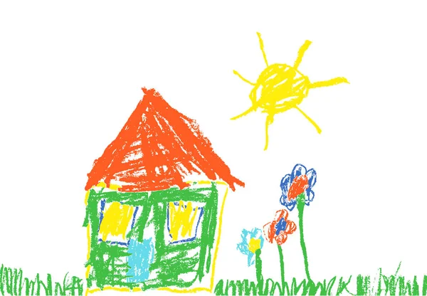 Mum mum boya çocuğun el çekilmiş ev, çim, renkli çiçekler ve güneş gibi. — Stok Vektör