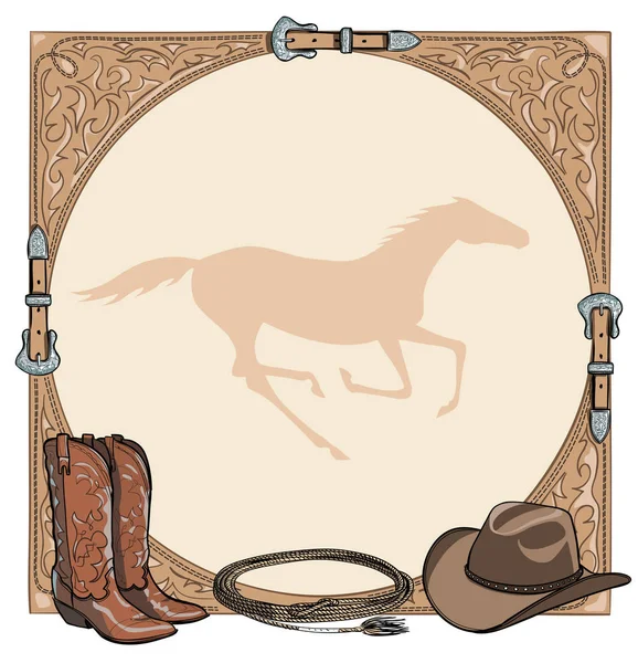 Cowboy horse equine riding tack tool in the western leather belt frame. — Stock Vector