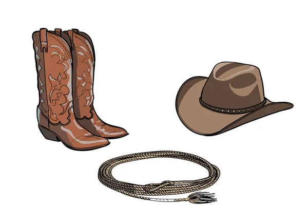 Cowboy paard paarden rijden tack hulpmiddel. Westerse boot, hoed, lasso rope. — Stockvector