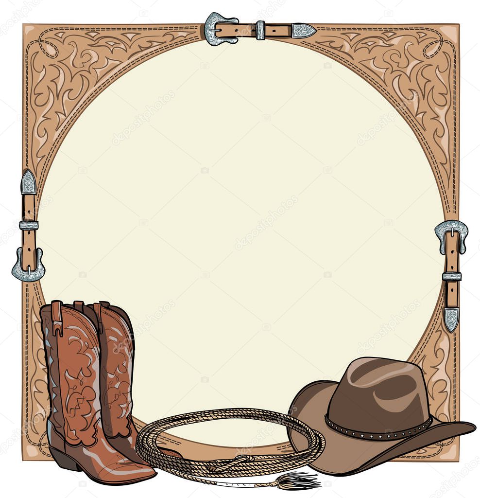 Cowboy horse equine riding tack tool in the western leather belt frame. 