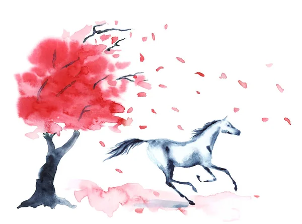Våta akvarell galopperande häst med bläck blotting fläckar hösten träd med röda faller bladen och vind på vit. — Stockfoto