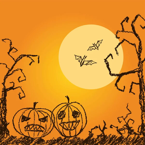 Fondo naranja de Halloween con espeluznantes árboles desnudos, luna, murciélago y calabaza . — Archivo Imágenes Vectoriales