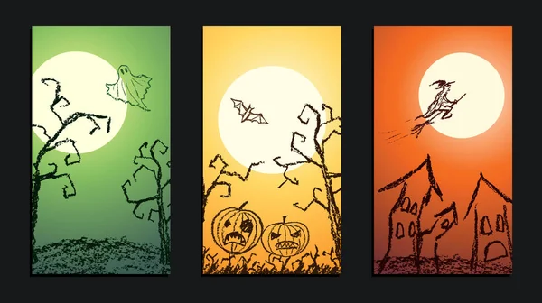 Set de crayón vectorial dibujado feliz día de halloween banner de fondo con dibujo a mano espeluznantes árboles desnudos, luna, casa vieja, bruja, fantasma, murciélago y calabaza . — Archivo Imágenes Vectoriales