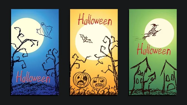 Verzameling van vector kleurpotlood getekende happy halloween dag achtergrond banner met hand tekenen spooky naakte bomen, maan, oude huis, heks, spook, vleermuis en pompoen. — Stockvector