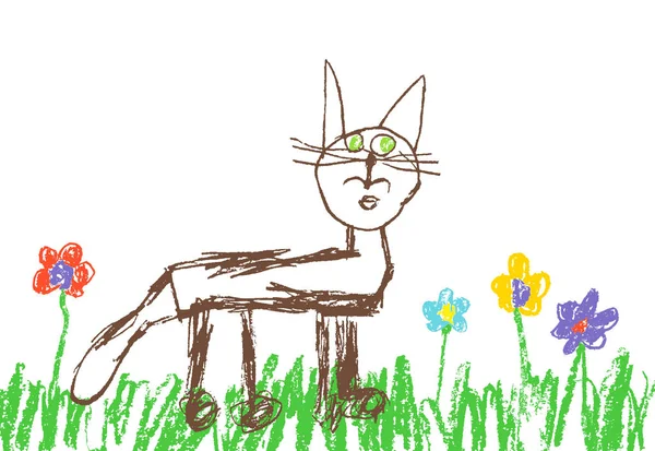 Crayón de cera como la mano del niño dibujado gato lindo divertido en hierba verde y flores . — Vector de stock