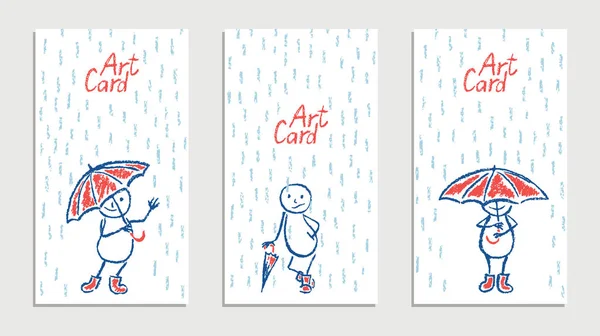 Set van wax crayon zoals kid's getrokken kaarten met grappige man, paraplu en regen. — Stockvector