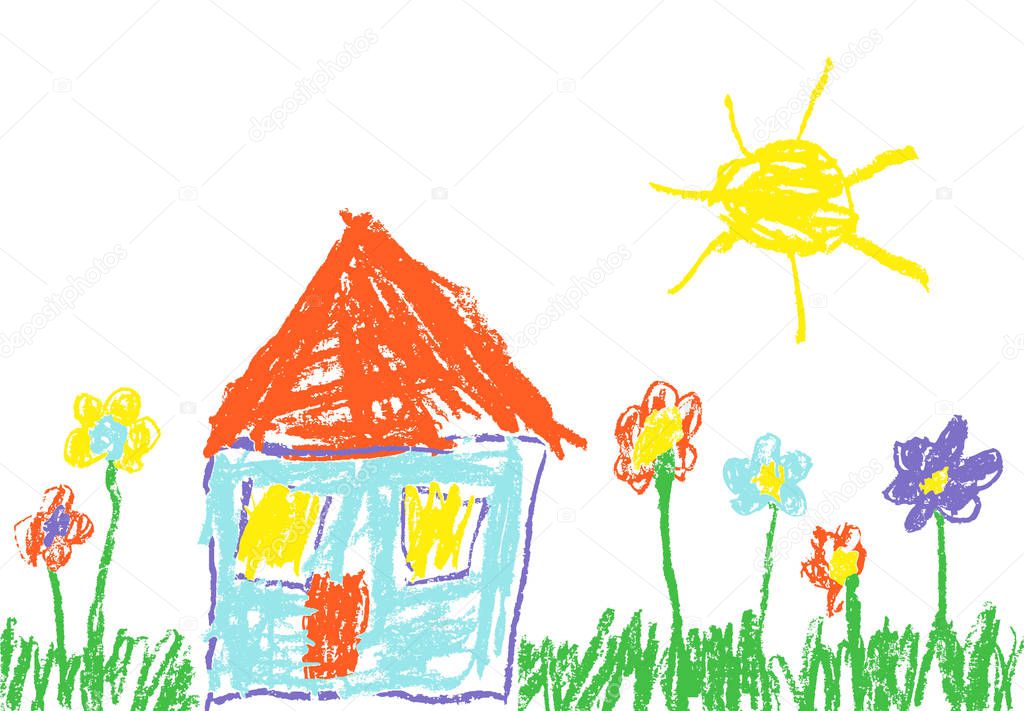 Wax crayon like child`s hand drawn house, grass, colorful flowers and sun. Pastel chalk like kid`s hand painting cute spring and summer meadow. 