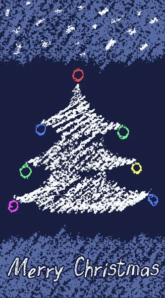 Dessin d'enfant crayon d'arbre de Noël joyeux blanc avec lettrage et lignes de craie sur sombre . — Image vectorielle