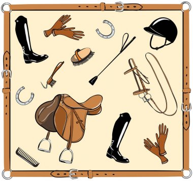 At ufak çivi vites deri kemer çerçeve içinde binme. At başlığı, eyer, kamçı, at nalı, çizme, eldiven, çizme sürme kask, vektör. 