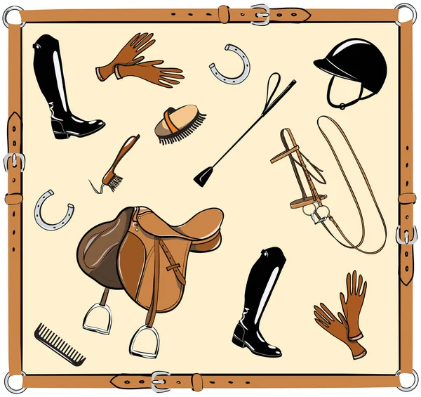 At ufak çivi vites deri kemer çerçeve içinde binme. At başlığı, eyer, kamçı, at nalı, çizme, eldiven, çizme sürme kask, vektör. 