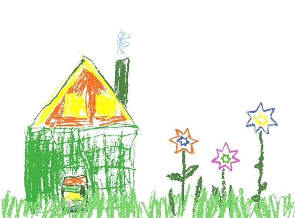 Crayón de cera como la casa dibujada a mano del niño, hierba, flores coloridas y sol . — Archivo Imágenes Vectoriales