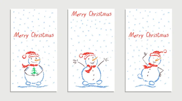 Set Wachsmalstifte wie Kinderhandgezeichnete Karten mit frohen Weihnachten lustig lächelnder Schneemann mit fallenden Schneeflocken. — Stockvektor