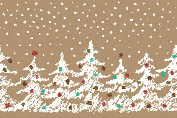 Wachsmalstift wie Kinderhand Zeichnung fröhliche Weihnachtsbaum nahtlose Muster mit fallendem Schnee auf handgeschöpftem Bastelpapier Hintergrund. — Stockvektor