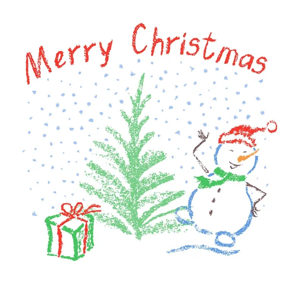 Buntstift wie Kinderzeichnung Frohe Weihnachten lustig lächelnd tanzender Schneemann mit Schriftzug, fallenden Schneeflocken, Baum und Schachtel Geschenk. — Stockvektor