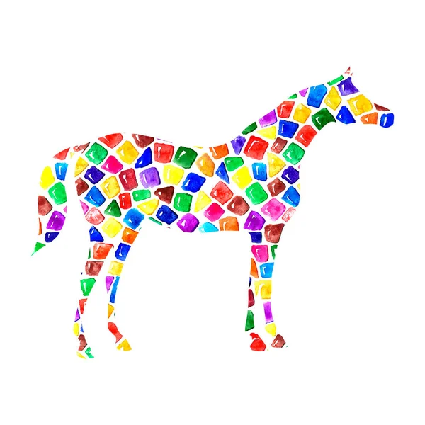 Arabisches Pferd Silhouette mit Aquarell hell bunte Mosaik Rattenfänger Textur auf weiß. — Stockfoto