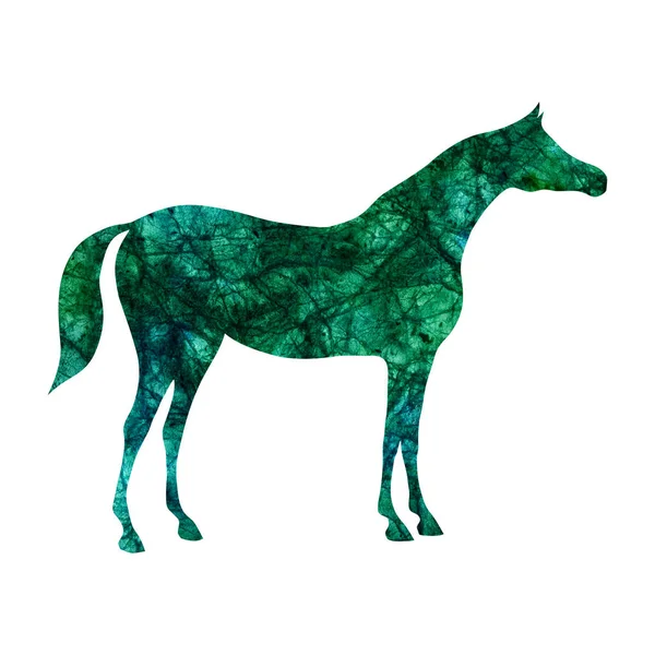 Силуэт арабской лошади с акварелью зеленый малахитовый изумрудный цвет текстуры на белом . — стоковое фото