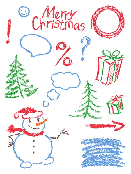 Buntstift Weihnachten Neujahr Symbole wie Kinderzeichnung lustige Doodle Design-Element. — Stockvektor