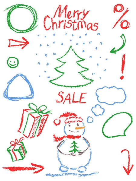 Crayon christmas new year sale symbols like child's drawing funny doodle design element. — Stock Vector