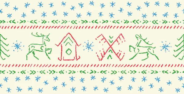 Modèle sans couture de Noël dessiné à la main avec cerf, maison, arbre, flocons de neige . — Image vectorielle