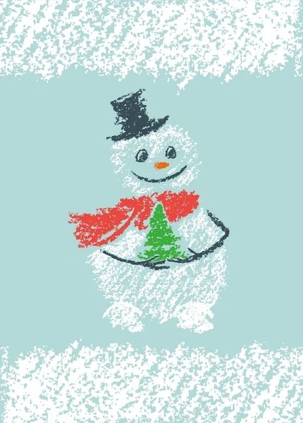 Dessiné à la main drôle bonhomme de neige souriant avec arbre de Noël sur fond de neige . — Image vectorielle