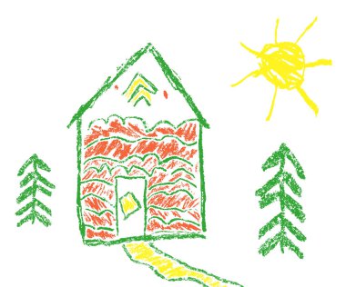 Ev, güneş, köknar ağacı balmumu mum boya çocuğun elle çizilmiş gibi. 