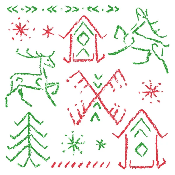 크리스마스 디자인 요소 사슴, 집, 나무, 눈송이 세트. 손으로 그린 재미 있는 겨울 장식 크레용. — 스톡 벡터