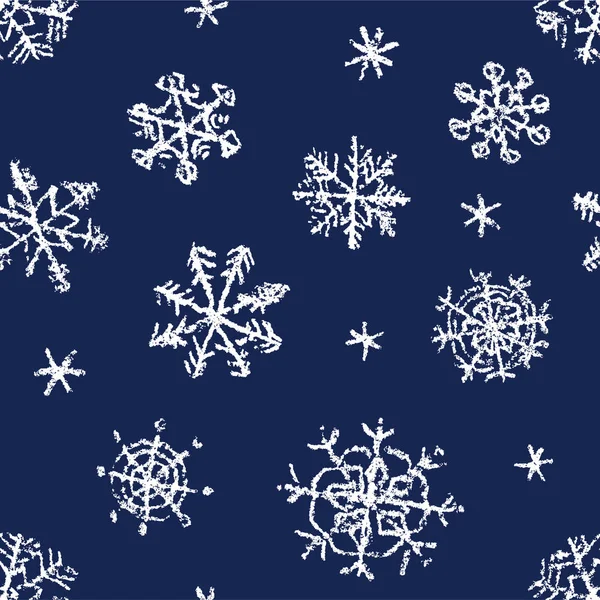 Christmas snowflake hand drawing seamless pattern on dark blue. — Stock Vector