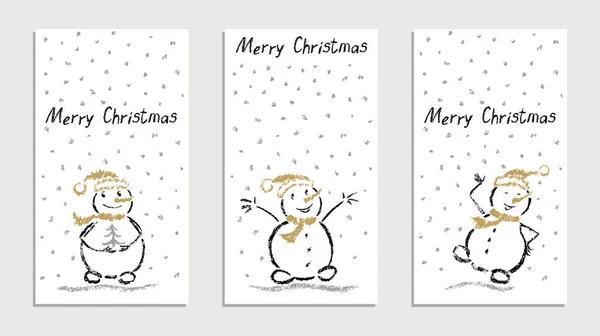 Wie handgezeichnete Kinderkarten Set mit frohen Weihnachten lustig lächelnder Schneemann mit fallenden Schneeflocken. — Stockvektor
