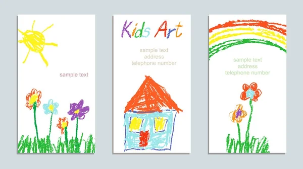 子供の手描きの美術家 色とりどりの花 太陽のようなワックス クレヨン パステル チョークや鉛筆子供の手描画おかしいような春と夏のカードセットします ベクトル アート背景バナー — ストックベクタ