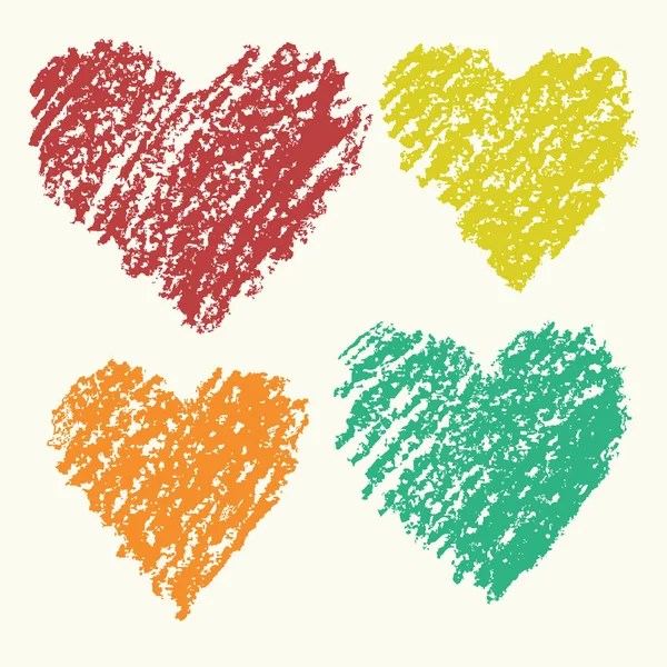 Coeur Forme Rétro Couleur Art Coups Crayon Main Dessin Ensemble — Image vectorielle