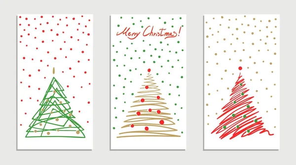Weihnachtsbaumset Mit Fallenden Schneeflocken Niedlichen Doodle Grün Gold Rot Weiße — Stockvektor