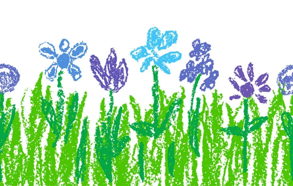 Crayón Cera Flores Azules Con Hierba Verde Como Arte Infantil — Archivo Imágenes Vectoriales