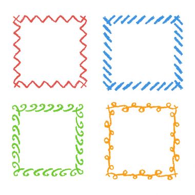 Tebeşir el çizimi kare kare. Renkli dikdörtgen süslü tasarım öğesi tebeşir veya kalem gibi çocuğun çizilmiş Stil kümesi. Vektör sanat vuruş satırları afiş sınır, şablon, kopya alan arka plan.