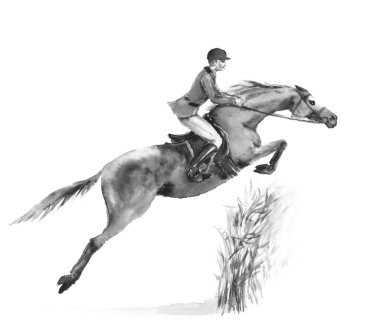 Horseback binici adam ve at ormanda beyaz üzerinde atlama. Siyah beyaz tek renkli sulu boya veya mürekkep el illüstrasyon çizimi. Süvari aygır üzerinde. İngiltere'de atlı spor fox avcılık stil