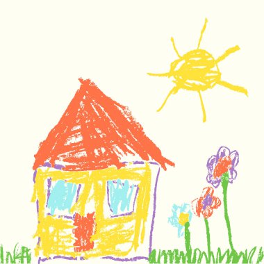 Çocuğun el çekilmiş ev gibi. Mum mum boya çizim çimen, renkli çiçekler ve güneş. Pastel tebeşir veya çocuğun stil tatlı bahar ve yaz çayır gibi renkli kurşun kalem. Vektör komik arka plan afiş.