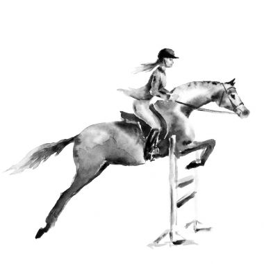 Horseback binici kız ya da kadın ve at ormanda beyaz üzerinde atlama. Siyah beyaz tek renkli sulu boya veya mürekkep el sanat çizimi. Süvari aygır üzerinde. İngiltere'de atlı spor fox avcılık stil