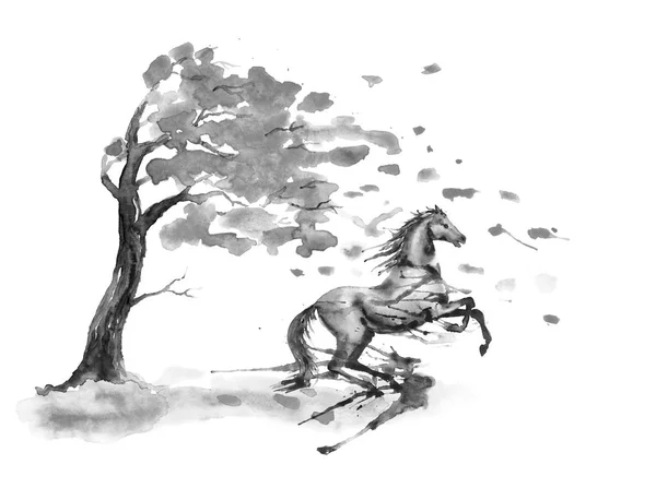 Élevant Cheval Avec Des Taches Encre Aquarelle Arbre Automne Avec — Photo