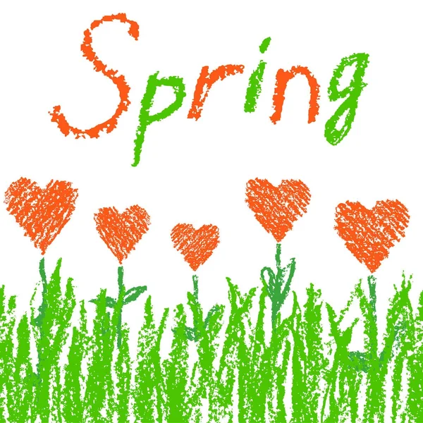 Wie Kindermalstift Gezeichneten Hintergrund Mit Grünem Gras Und Roten Frühlingsblumen — Stockvektor