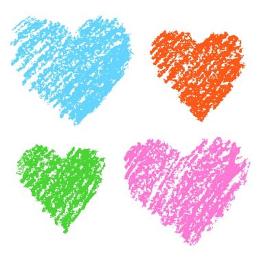 Aşk kalp üzerinde beyaz renkli resimde. Komik kalpler kümesi. Renkli pastel tebeşir el çizim Sevgililer günü tasarım öğeleri tebeşir, vektör arka plan.