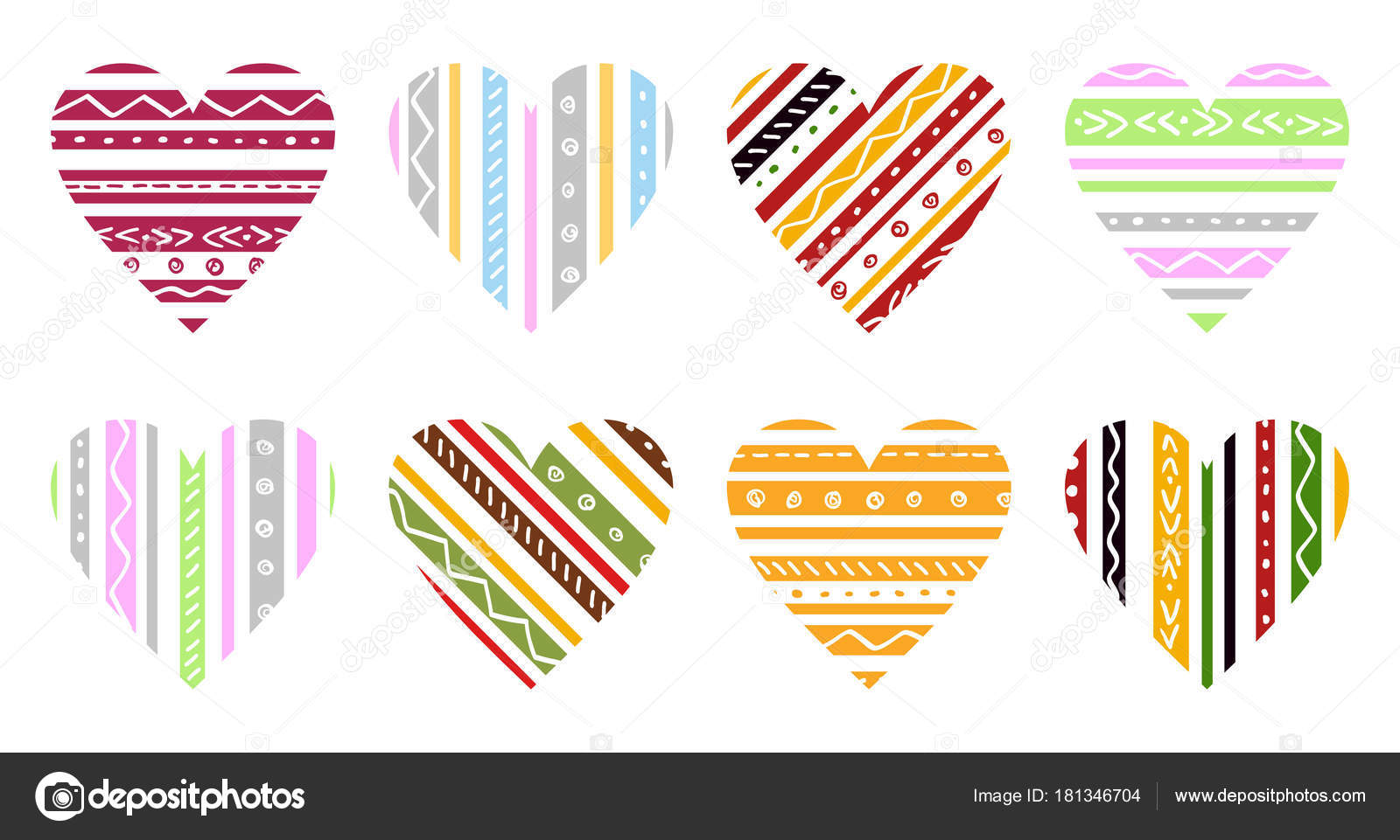 Insieme Dei Cuori Amore Strisce Colorate Elementi Disegno San Valentino — Vettoriale Stock