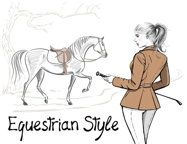 Belle Femme Mode Avec Veste Chasse Sportive Équestre Anglaise Cheval — Image vectorielle