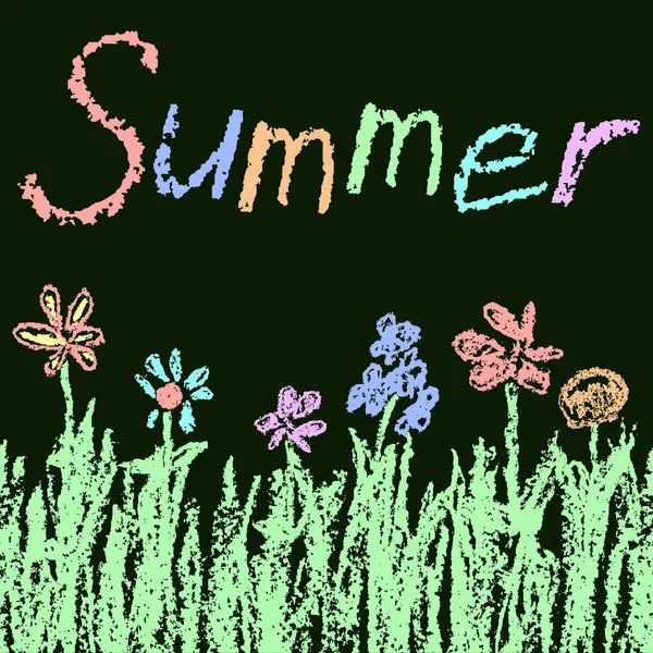 Wie Kinderkreide Gezeichnete Lustige Illustration Mit Sommer Grünem Gras Und — Stockvektor
