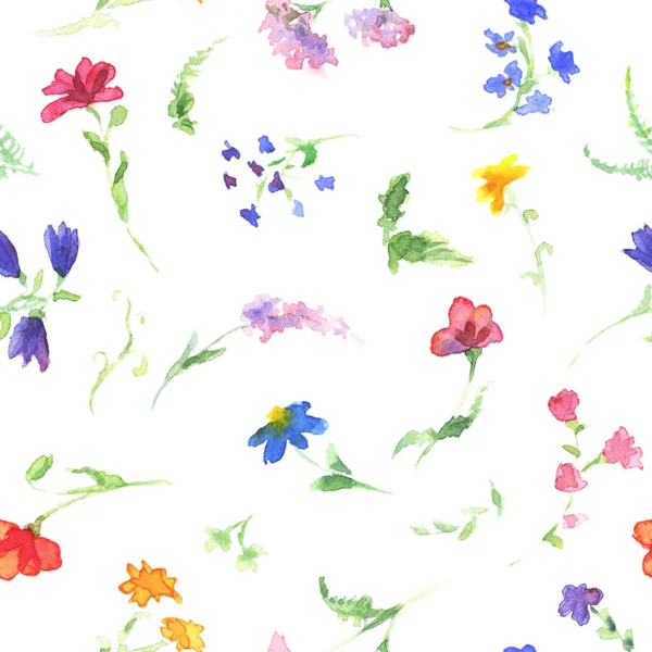 Akvarell Wildflowers Sömlösa Mönster Vit Hand Ritning Konstnärliga Sommaren Eller — Stockfoto